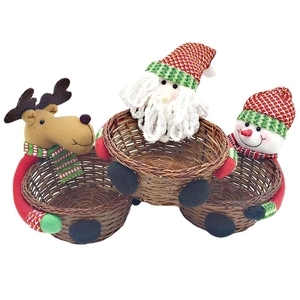 Three-piece large Christmas bamboo storage baskets featuring Santa, Snowman, and Reindeer dolls