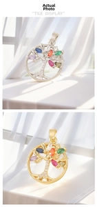 Detailed close-up of tree of life pendants with colorful zircon and gold plating