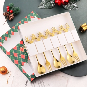 6-piece golden stainless steel Christmas reindeer antler spoon and fork gift set with box