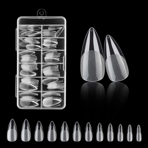 Detailed set of clear almond fake nails in a storage box with multi-size arrangement