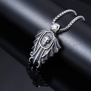 Gothic vintage stainless steel skull bat pendant with a sturdy box chain necklace