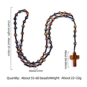 Tiger eye crystal 6mm beaded rosary with cross pendant and braided cord details