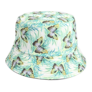 Detail of colorful butterfly print on white cotton bucket hat with circular stitching lines