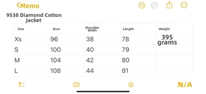 Detailed size chart for diamond quilted cotton coat showing measurements for sizes XS to L