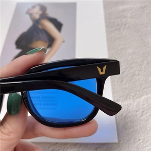 Detail of black frame sunglasses with blue lenses and golden V-shaped metal logo