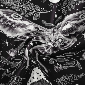 Bohemian black tapestry with white butterfly, moth, moon and stars print on soft fabric