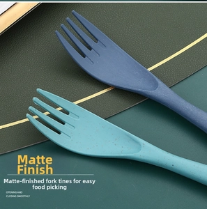 Macro shot of smooth wheat straw cutlery forks with safe polished edges and matte finish