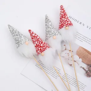 Set of 4 Christmas gnome flower picks with red and grey hats and long white beards