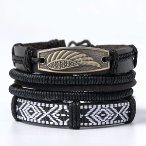 Multilayer vintage black leather and braided rope bracelet set with metal wing charm