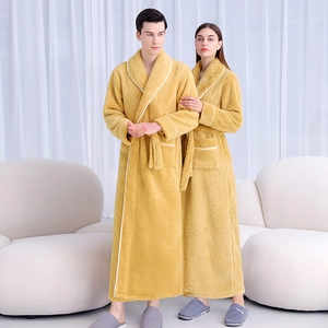Peignoir Long En Polaire Épaisse Chemise De Nuit Douce Chaude Velours Corail Unisexe Couples Robe De Chambre Hiver
