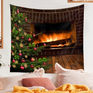 Detailed close-up of a warm Christmas tree and fireplace tapestry on a bedroom wall