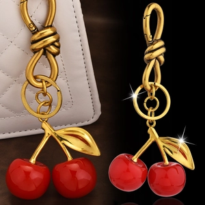 Cute Resin Fruit Cherry Apple Keychain Pendant Luxury Alloy Metal Bag Charm For Women Girl Fashion Accessory Gift