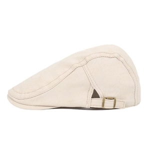 Beige checkered newsboy cap with adjustable metal side buckle and vintage texture