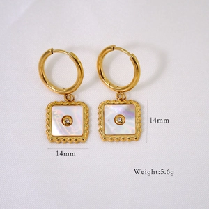 Detail of square white shell earrings in 14K gold with 14mm size and 5.6g weight
