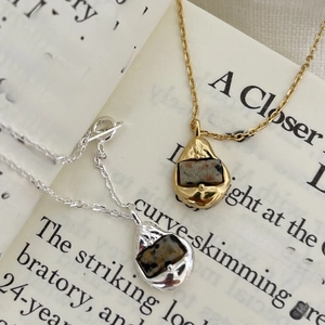925 Sterling Silver Necklace With Dalmatian Jasper Stone Irregular Molten Geometric Teardrop Pendant Vintage Jewelry For Women