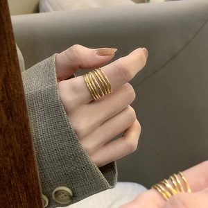 Minimalist Multi Layer Hollow Wire Open Ring Titanium Steel 18K Gold Plated Adjustable Wide Band Jewelry For Women