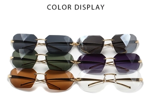 Detailed color display of rimless geometric sunglasses with gold metal temples in six colors