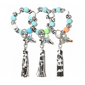 Luminous Silicone Bead Bracelet Keychain With Cow Print Synthetic Leather Card Holder Tassel Alloy Cow Head Pendant For Unisex