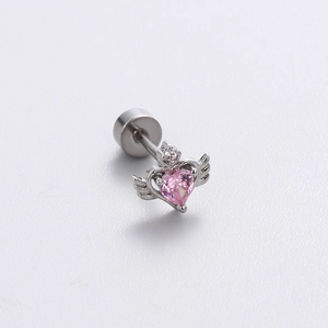 Pink heart zircon butterfly wing titanium steel stud earring with screw back design