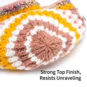 Rainbow knit beanie for women featuring a colorful striped pattern and a reinforced top