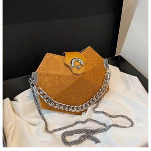 Detail of khaki rhombic bag with lace texture and silver chain in gift box