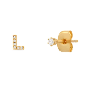 Detail of gold S925 sterling silver L-shaped letter stud with sparkling crystal accents