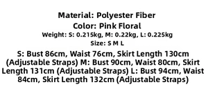Detailed size chart for pink floral maxi dress featuring adjustable straps and measurements