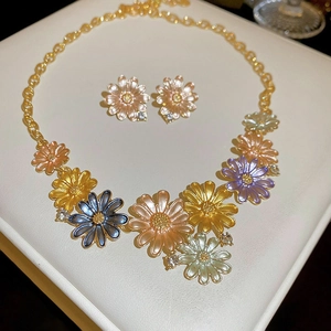 Vintage Colorful Daisy Flower Necklace Pink Flower Stud Earrings Alloy Enamel Rhinestone Sweet Floral Jewelry For Women Daily Party