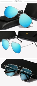Detail view of silver metal aviator sunglasses with ice blue mirrored lenses and leather case
