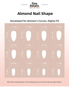 Size chart for 24pcs almond shape press-on nails in 12 different sizes and dimensions