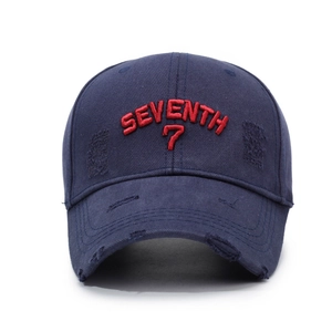Vintage distressed navy baseball cap with red 3D SEVENTH embroidery and torn brim