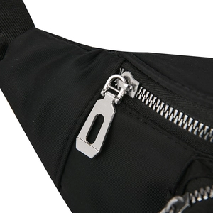 Macro shot of silver metal zipper and durable black nylon fabric texture on waist bag