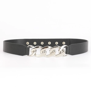 Women's black leather belt with silver metal chain decor for dresses and coats