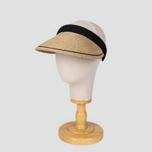 Women's summer straw visor hat in khaki with black elastic band for UV protection
