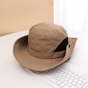 Detail of khaki outdoor sun hat with black mesh side vents and snap buttons for style