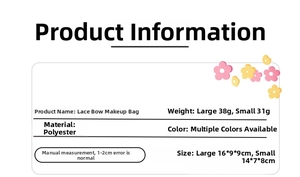 Size chart showing large and small lace bow cosmetic bags with dimensions and weight