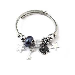 Detail of a silver twisted bangle with star, diamond key, and elephant pendants