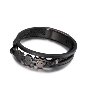 Men's punk multi-layer black leather bracelet with braided cord and skull charms