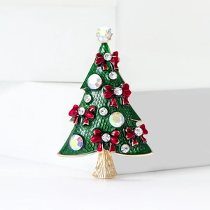 Grüne Emaille-Weihnachtsbaumbrosche mit roten Schleifen und Kristallen für Damen