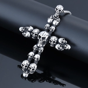 Silver gothic skull cross pendant necklace in vintage punk stainless steel style