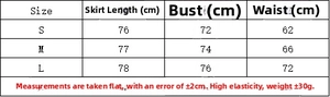 Size chart for V-neck knit bodycon dress with S, M, L measurements and fit guide