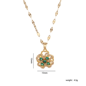 Titanium steel gold necklace with rotating flower pendant and green stones 15mm