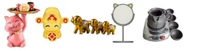 Collectie hars kattendienstbladen, gouden olifantenbeeldjes en complete theeset met heater