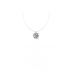 Close-up of D-color moissanite solitaire pendant on invisible nylon fishline chain