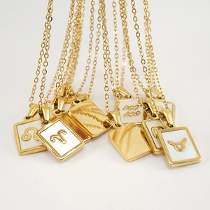 Close-up of gold 18K stainless steel zodiac pendant necklaces with white shell inlay