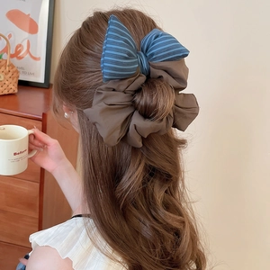 Detail of elegant coffee-colored pleated hair tie and blue striped bow on high ponytail