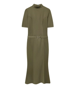 Detail of army green midi dress featuring a mock neck and waist belt with metal buckle
