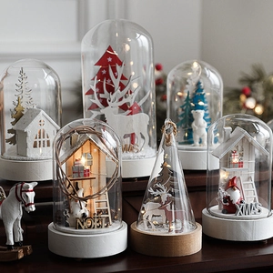 Christmas glass dome with LED light, wooden base, reindeer and snow scene ornament