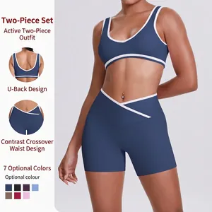 Femmes Top And Bottom Bordure Contrastée Soutien-gorge de Sport Et Taille Haute Croisée Short de Yoga Ensemble Fitness