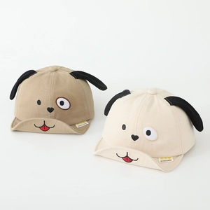 Cartoon puppy baby baseball cap with soft ears and embroidered eyes in khaki and beige